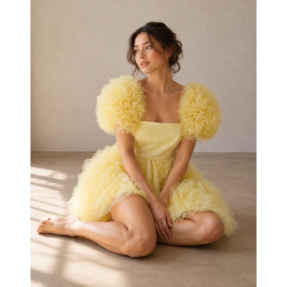 NEW Selkie The Twinkie Paris Yellow Ruffle Puff Sleeve Fairycore Mini Dress M - Picture 2 of 14